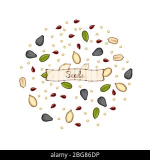 Sketch seeds vector illustration. Sunflower and sesam, flax and pumpkin seeds isolated on white background Stock Vector