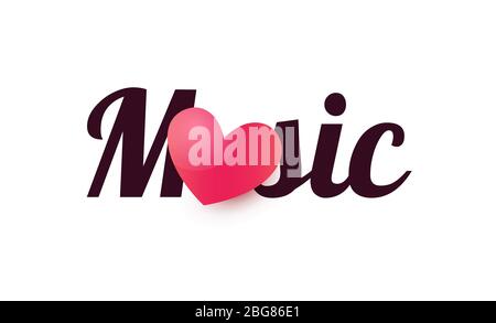 Music with heart sign, Sticker label with text caption and red love symbol. Logo for Music Store, party, event and Studio. Stock Vector