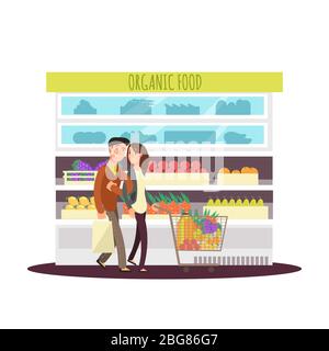 Cartoon character happy couple buy organic fruits and greens. Vegetarian people and food store. Market fruit, store grocery, vector illustration Stock Vector