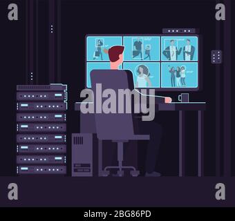 Surveillance monitoring room. Man watching surveillance camera on monitor in dark control room. Security service and cctv vector concept. Surveillance guard control, watching man screen illustration Stock Vector