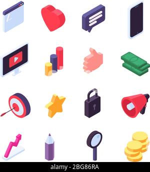 Social marketing isometric icons. Media message and search 3d social signs. Video, internet and music vector symbols. Isometric network social icon, illustration of marketing and communication Stock Vector