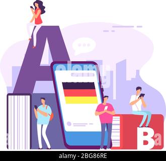 Learning foreign language. Studying and teaching languages. Education vector concept with dictionary, people and textbooks. Education with dictionary german language illustration Stock Vector