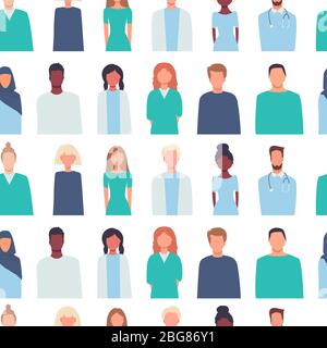 Doctors, nurses, healthcare workers, medical staff. Health care, medicine concept. Background, wallpaper. Endless texture. Modern vector seamless Stock Vector