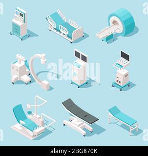 Isometric medical equipment. Hospital diagnostic tools. Health care technology 3d machines vector set. Medical equipment, x-ray and resonance device, monitor mri illustration Stock Vector