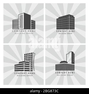 Grey real estate, construction business logo set with vector buildings icon collection illustration Stock Vector