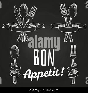 Sketched silverware, cutlery, dinner table utensils in retro banner ribbons on blackboard. Vector illustration Stock Vector