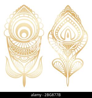 Golden feathers indian style isolated on white background. Vector illustration Stock Vector