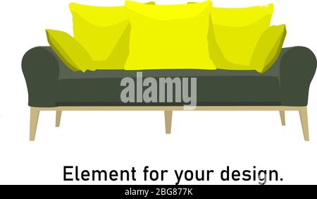 Modern sofa in the style of minimalism. sofa with high legs. Green upholstery. Interior item isolated on a white background. Vector illustration.. Stock Vector