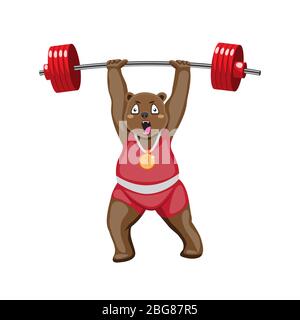 Cartoon bear athlete with a barbell on a white isolated background. Vector image Stock Vector