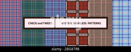Check and tweed seamless patterns set. High quality precise seamless patterns Stock Vector