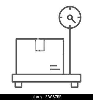 Box on storage scale thin line icon, logistic and delivery, platform scale sign vector graphics, a linear icon on a white background, eps 10. Stock Vector