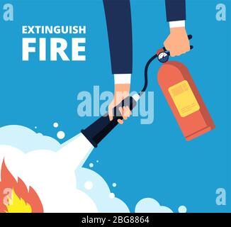 Extinguish fire. Fireman with fire extinguisher. Emergency training and protection from flame vector concept. Illustration of protection and danger burn, security accident Stock Vector