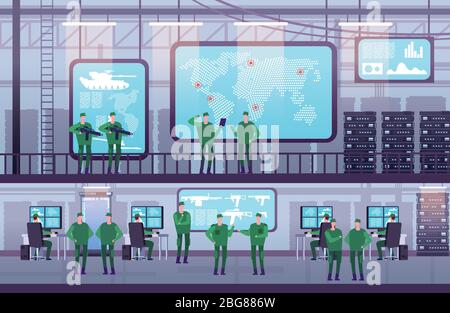 Military control center. People working with computer in government office. Futuristic control center with monitor. Vector illustration. Army base and Stock Vector