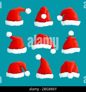 Santa red hats. Christmas funny caps. Santa clothes warm hat. Isolated vector set. Hat fluffy of collection santa claus accessory illustration Stock Vector