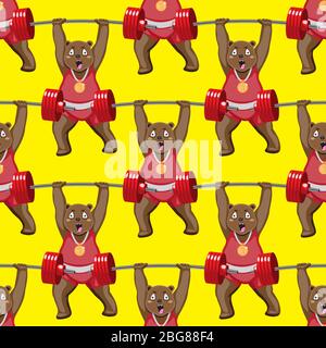 seamless pattern of a bodybuilder bear with a barbell on a yellow background. Vector image Stock Vector
