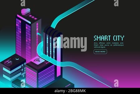 Smart building. Intelligent houses in night city. Augmented reality 3d isometric abstract futuristic vector concept. Illustration of building city house, district perspective futuristic Stock Vector