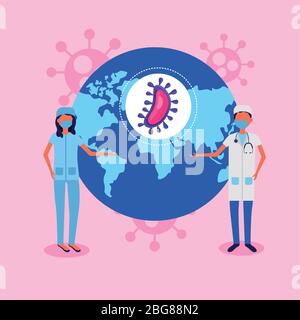doctors couple using face masks with covid19 particles and earth planet Stock Vector