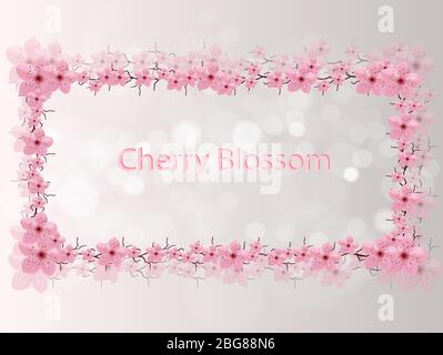 Cherry animation blossoms. Ideal title background. Spring falling fair. Frame with blossom cherry tree branches. Invitation clip commercial.Japanese flowers on beautiful blurred bright background. Stock Vector
