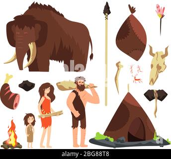 Caveman. Cartoon neolithic people characters. Prehistoric neanderthal family with animals and weapons. Isolated vector set. Mammoth and hut, neanderth Stock Vector