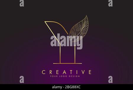 Outline Golden Letter Y Logo icon with Wired Leaf Concept Design. Letter Y with nature concept. Eco and Organic Letter Vector Illustration. Stock Vector
