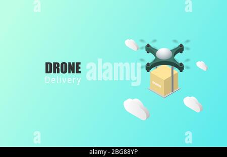 Drone delivery concept poster or banner with isometric Drone transporting parcels in the air. Stock Vector