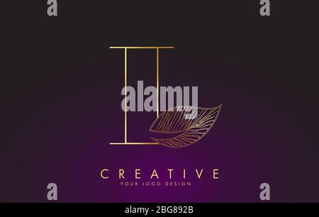 Outline Golden Letter L Logo icon with Wired Leaf Concept Design. Letter L with nature concept. Eco and Organic Letter Vector Illustration. Stock Vector