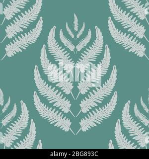 Fern leaves vector seamless pattern background. Stylized forest plant frond silver teal backdrop. Hand drawn botanical foliage design. Elegant all Stock Vector