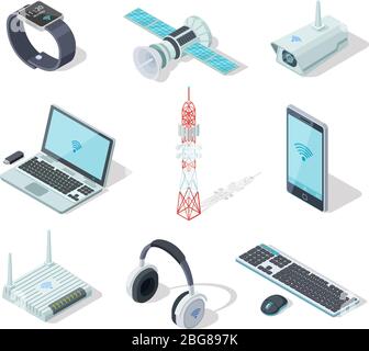 Electronic devices. Isometric wireless gadgets connection. Remote controller, cell phone router. Connection technology 3d vector set. Illustration of Stock Vector