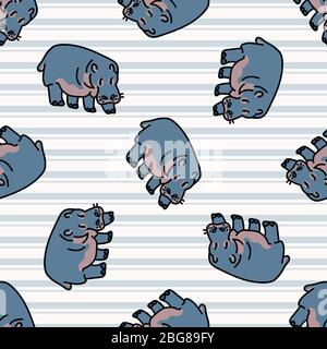 Kawaii cartoon hippopotamus seamless pattern. Cute safari animal background. Hand drawn kid motif illustration doodle in flat color on check backdrop Stock Vector