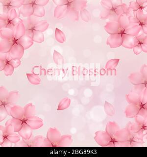 Spring background with place for text. Vector illustration with cherry blossom flowers, flying petals. Pink sakura. Blurred abstract background in soft pastel colors. Delicate floral design. Eps 10. Stock Vector