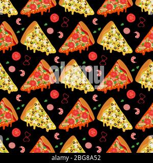 Cartoon pizza slices and ingredients food seamless pattern background. Vector illustration Stock Vector