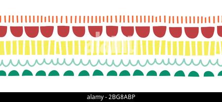 Seamless horizontal vector border abstract doodle shapes. Repeating childish pattern with wonky arcs and stripes teal red yellow. Abstract border for Stock Vector