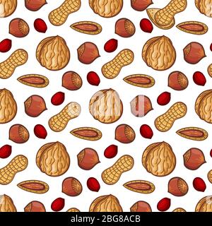 Fresh nuts seamless pattern. Vector nuts on white sketch background illustration Stock Vector