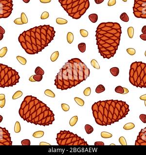 Pine and seed seamless pattern. Autumn forest eements background. Vector illustration Stock Vector