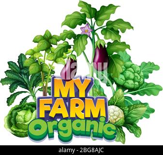 Font design for word my farm with different types of vegetables illustration Stock Vector