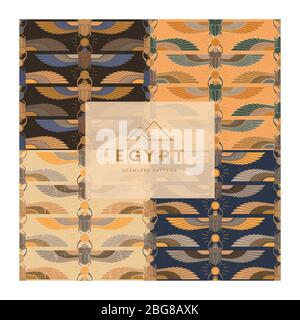 Symbols of ancient Egypt in the form of a patterns collections with an illustration of a scarab beetle with a sun symbol in its paws and wings. Stock Vector