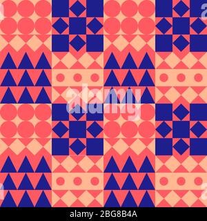 Geometric tile background, bauhaus color seamless pattern with circles, squares and triangles, pink and blue fashion modern print with different shapes, swiss design, vector abstract mosaic Stock Vector