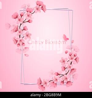 Realistic cherry blossom design. Refined frame decorated by sakura branches and butterfly on sweet bright pink background with text place. Spring fresh pink design. Eps 10 vector illustration.  Stock Vector