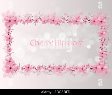 Cherry animation blossoms. Ideal title background. Spring falling fair. Frame with blossom cherry tree branches. Invitation clip commercial.Japanese flowers on beautiful blurred bright background. Stock Vector