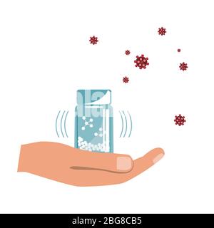 Hand with Homeopathy Medicines Bottle isolated on a White Background. Homeopathic Granules against Virus Illness concept Stock Vector