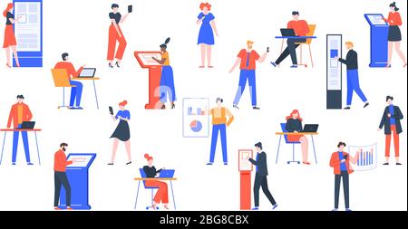 People use devices. Characters with digital gadgets, using laptop, tablet, smartphones and modern interface equipment isolated vector illustration set Stock Vector