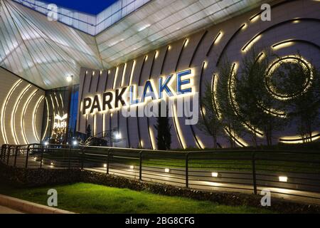 Bucharest, Romania - April 18, 2020: Main entrance of ParkLake mall on a Saturday evening during the Coronavirus lockdown, with no people around, usua Stock Photo