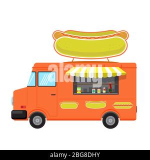 Orange Food Truck with Big Hot Dog on Top Isolated on White Background Stock Vector