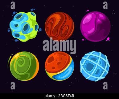 Cartoon alien planets on dark blue starry space background Stock Vector