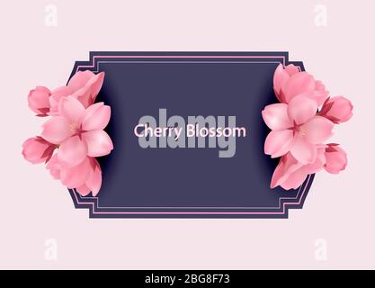 Quilted square stitched background. Floral wedding invitation card template design, pink sakura flowers in pink rectangle frame on blu background, premium retro style. Design for label.Eps 10 vector Stock Vector