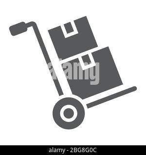 Hand truck with cardboard boxes glyph icon, logistic and delivery, hand dolly sign vector graphics, a solid icon on a white background, eps 10. Stock Vector