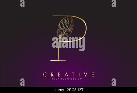 Outline Golden Letter P Logo icon with Wired Leaf Concept Design. Letter P with nature concept. Eco and Organic Letter Vector Illustration. Stock Vector
