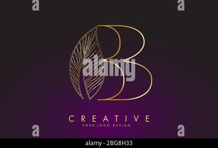 Outline Golden Letter B Logo icon with Wired Leaf Concept Design. Letter B with nature concept. Eco and Organic Letter Vector Illustration. Stock Vector
