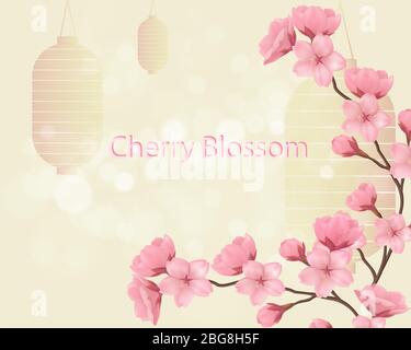 Vintage japanese style background. Chinese New Year banner with cherry blossom branches and lanterns. Sakura branch on pastel yellow background with shapes of lanterns. Eps 10. Stock Vector