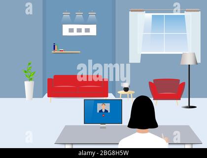 Woman working from home is communicating online with a man. Stock Vector